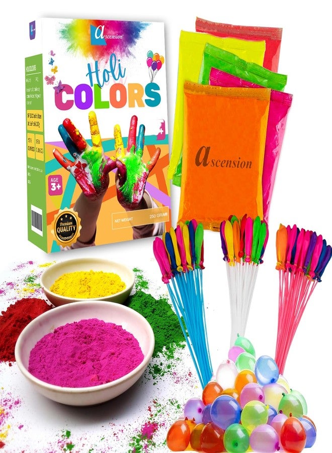 أسينشين مجموعة ألوان هولي من البلاستيك الفلوري من أسينشن، 5 درجات لونية (250 غرامًا)، مع مجموعة من 3 بالونات مائية سحرية من هولي، تُملأ في 60 ثانية، مثالية لحفلات هولي للأطفال والكبار، مجموعة هولي كومبو متعددة الألوان - Image 1